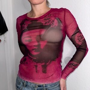 Rare Ikks Women's Face Long Sleeve Sheer Top - Deep Pink